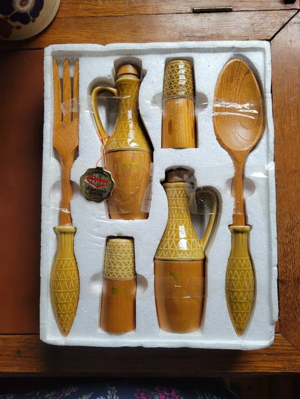 Vtg House of Fisher 6pc Salad Condiment Set MCM Wood Ceramic Japan In Styrofoam